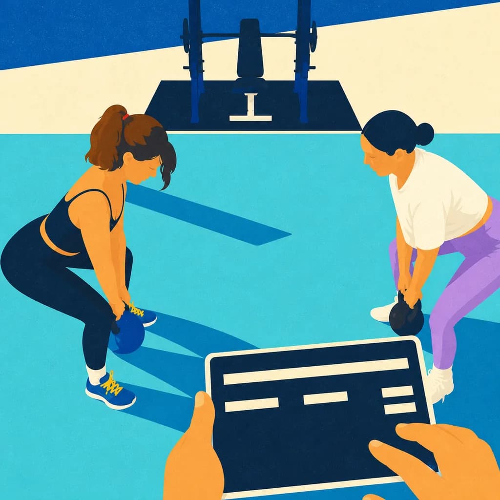 Illustration of a coach reviewing a training program on a tablet while two clients hinge with kettlebells