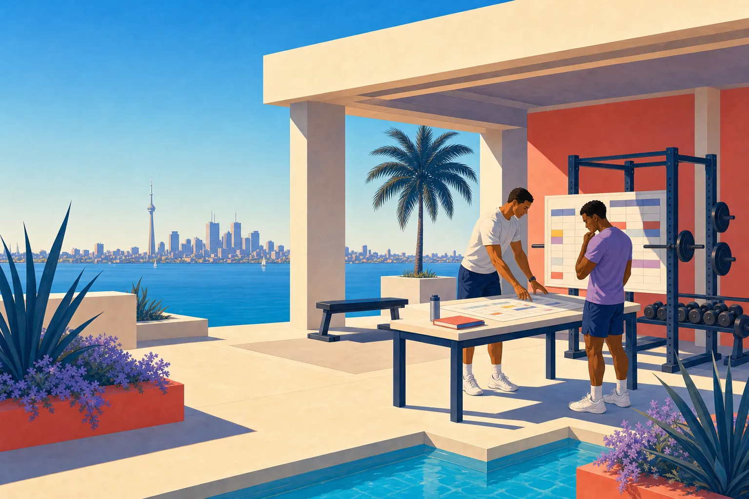 Illustration of a coach and client planning a training program at a waterfront pavilion