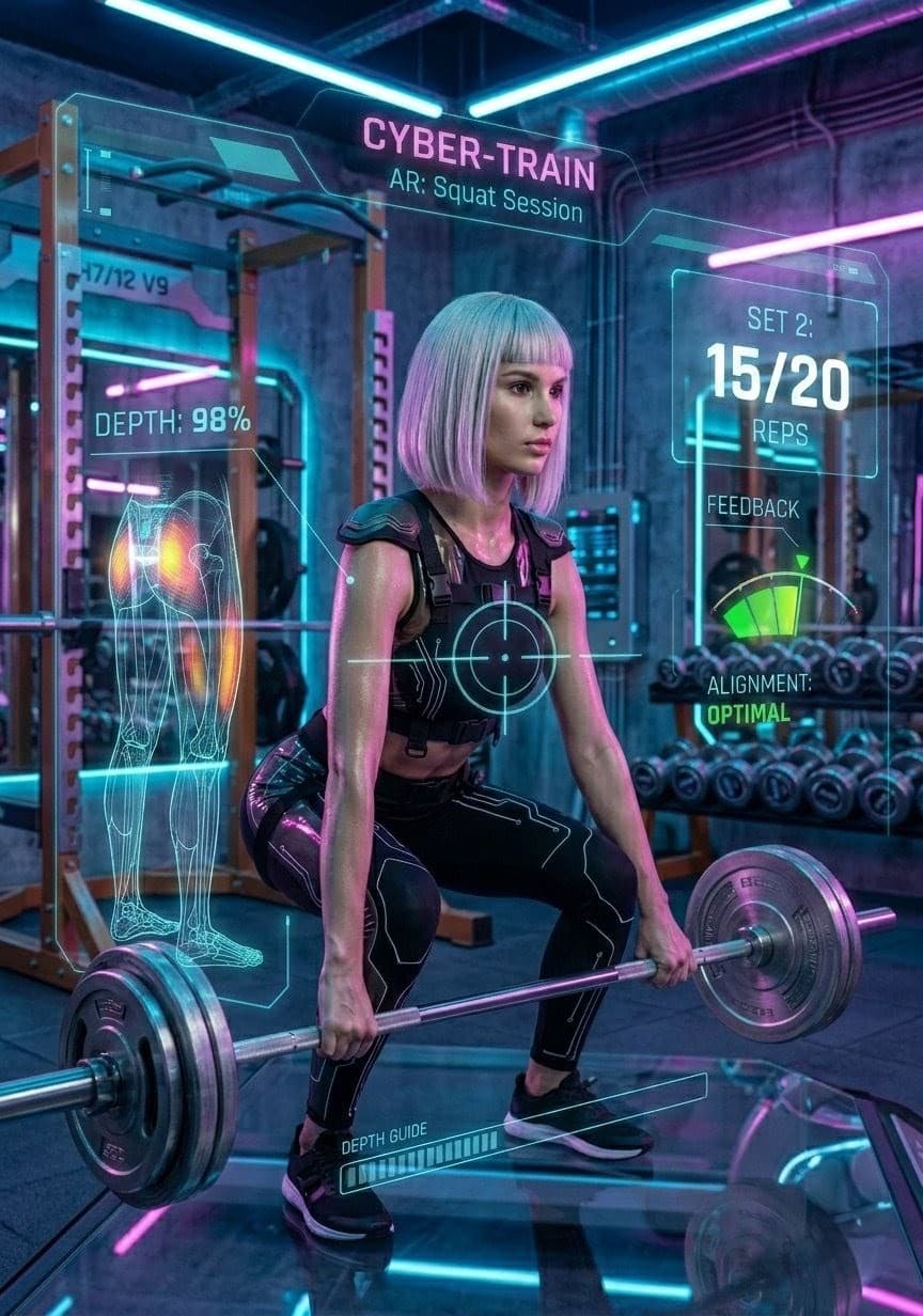 Augmented reality training interface showing real-time rep tracking, depth analysis, and alignment feedback