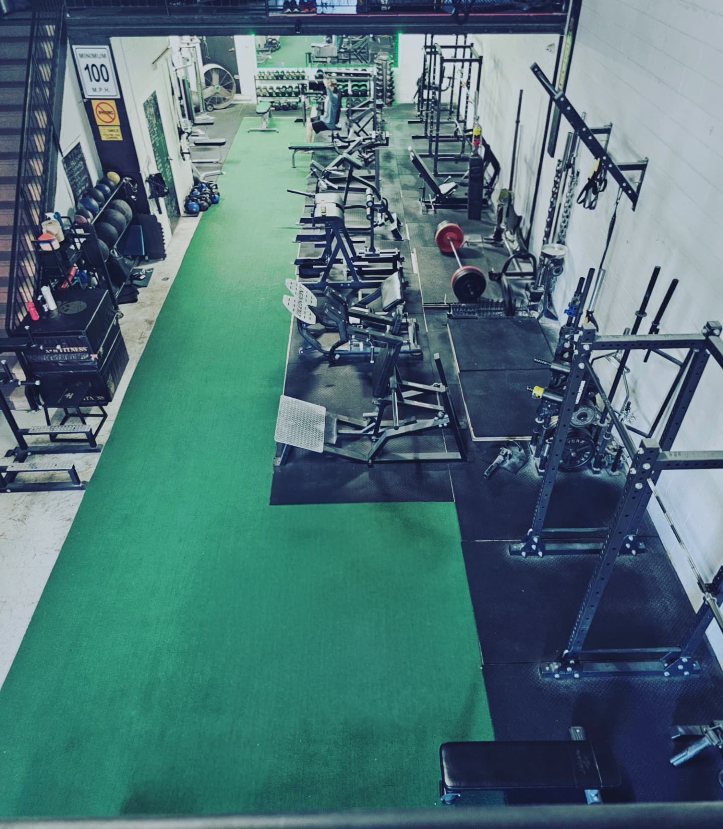 Overhead view of the Carpio Strength & Conditioning gym floor and equipment