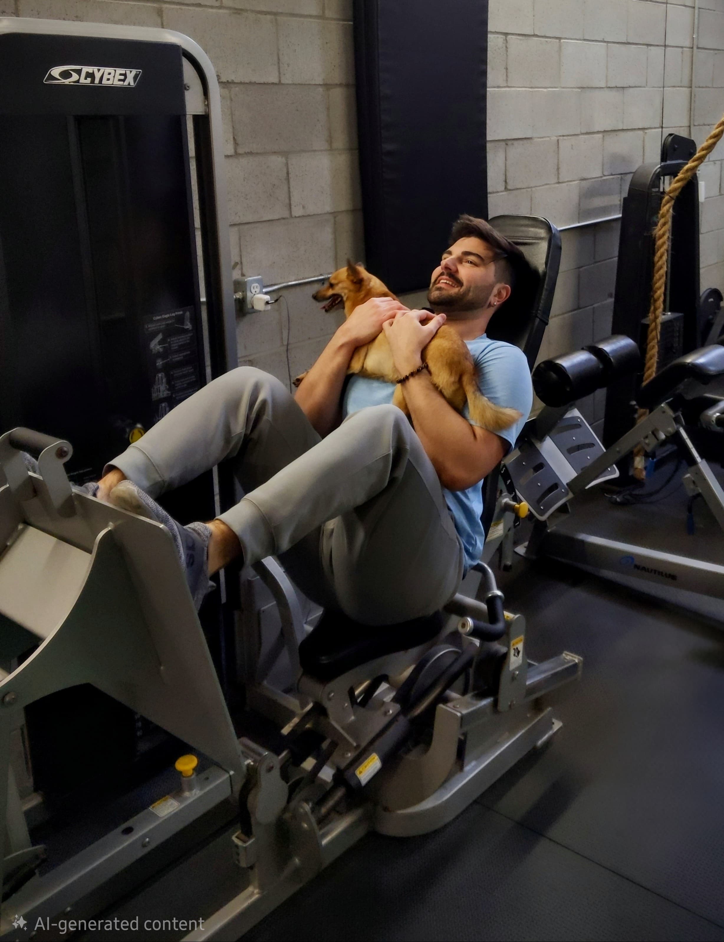 John on the leg press at Carpio gym with a dog on his lap