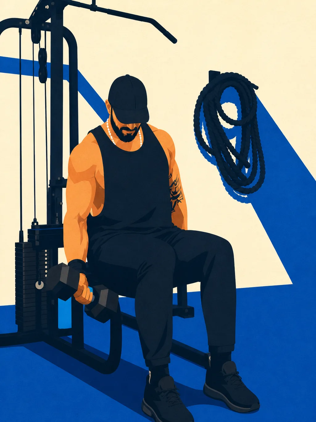 Illustration of a lifter seated at a cable machine working through a single-arm dumbbell curl