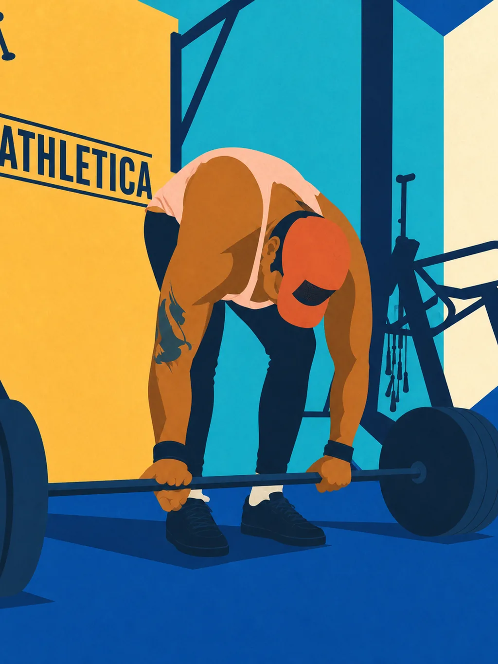 Illustration of a lifter setting up over a loaded barbell beneath an Athletica wall sign