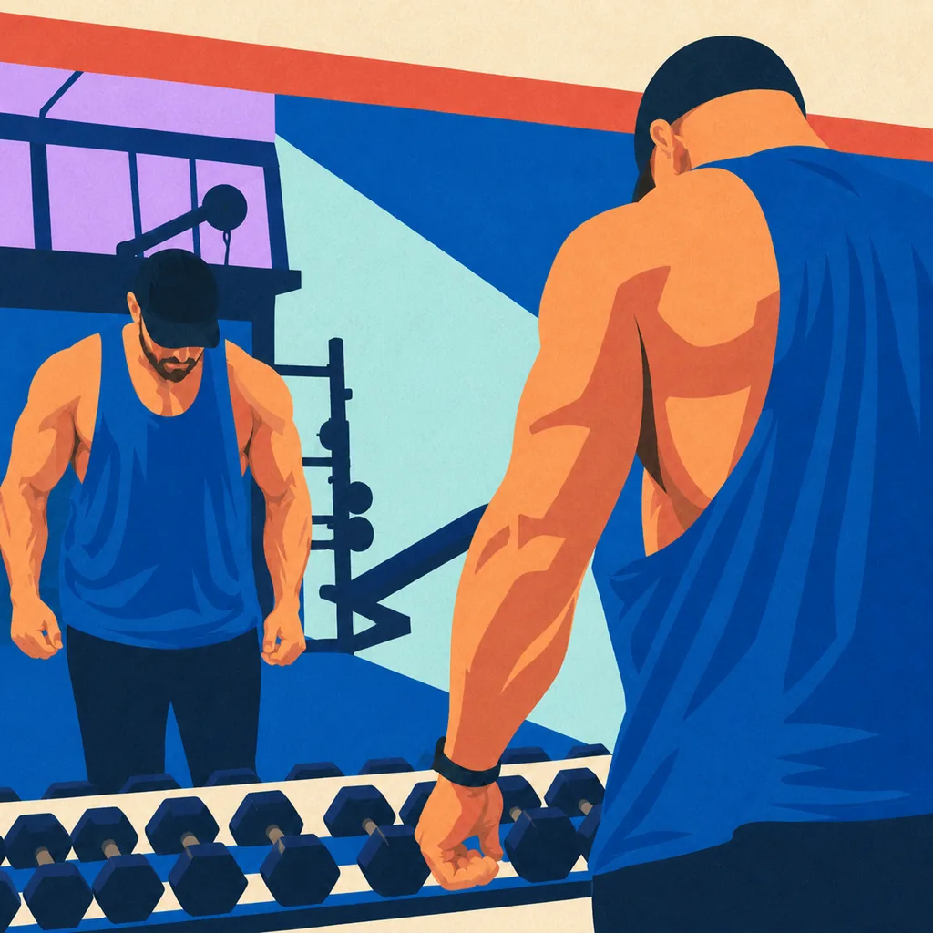 Illustration of a lifter facing a gym mirror above a rack of dumbbells