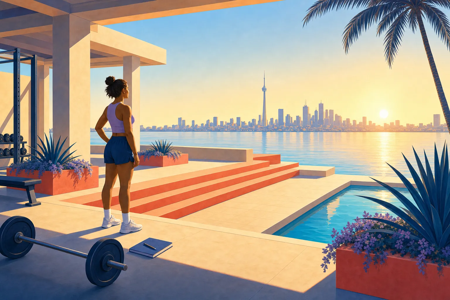 Illustration of a lifter reviewing a training notebook beside the Toronto waterfront